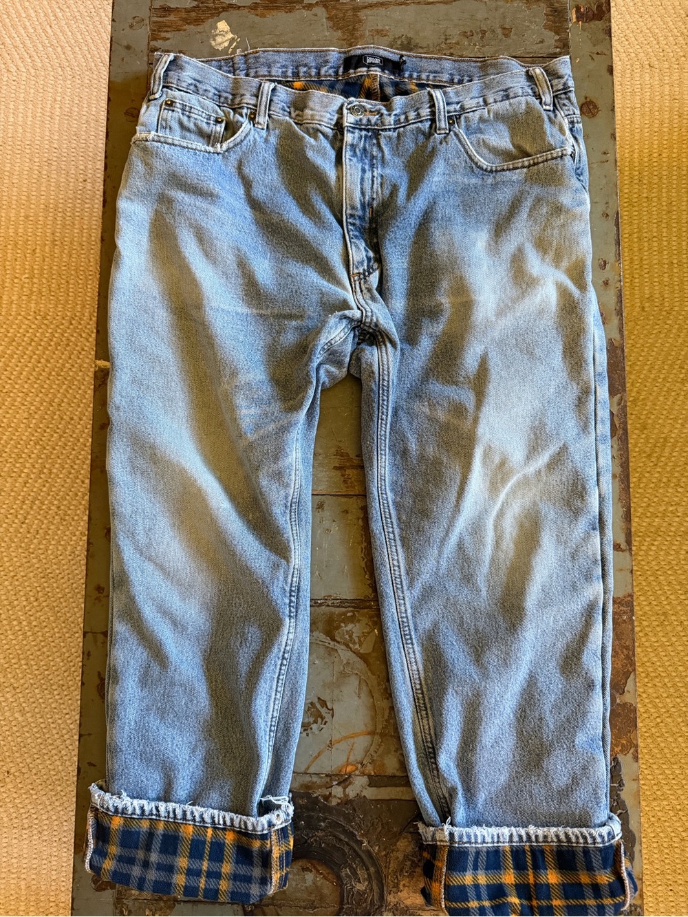 Berkley Jensen Relaxed Men's Jeans with Navy & Gold Plaid Flannel Lining